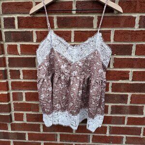 Bloomfield Babydoll Cami Top Med Brown Cream Lace Trim Romantic Cottagecore
